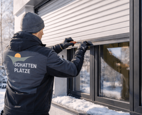 Techniker von Schattenplätze tauscht einen Rollladengurt bei einem Kunden in Voerde.